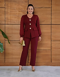 Kadın Bordo  Düğme Detaylı Abiye Takım Elbise
