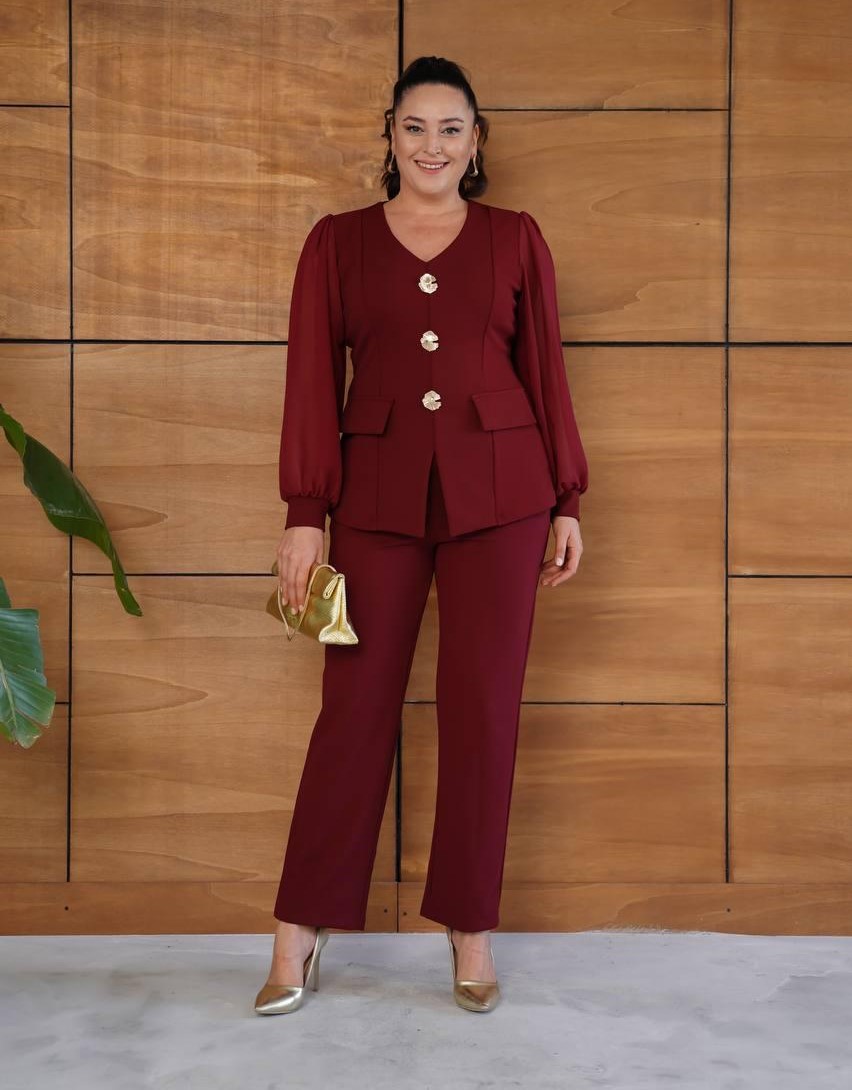 Kadın Bordo  Düğme Detaylı Abiye Takım Elbise